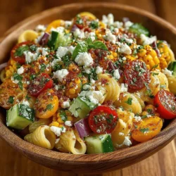 The Sweet Corn & Feta Fiesta Pasta Salad is a vibrant and refreshing dish that epitomizes the essence of summer gatherings. Whether you are organizing a backyard barbecue, attending a potluck, or simply looking for a light and satisfying lunch, this pasta salad ticks all the boxes. With its harmonious blend of fresh ingredients, lively flavors, and effortless preparation, this recipe is sure to become a go-to favorite. Not only does it tantalize the taste buds, but it also offers a nutritious balance of vegetables, grains, and proteins, making it a wholesome option for any occasion.
