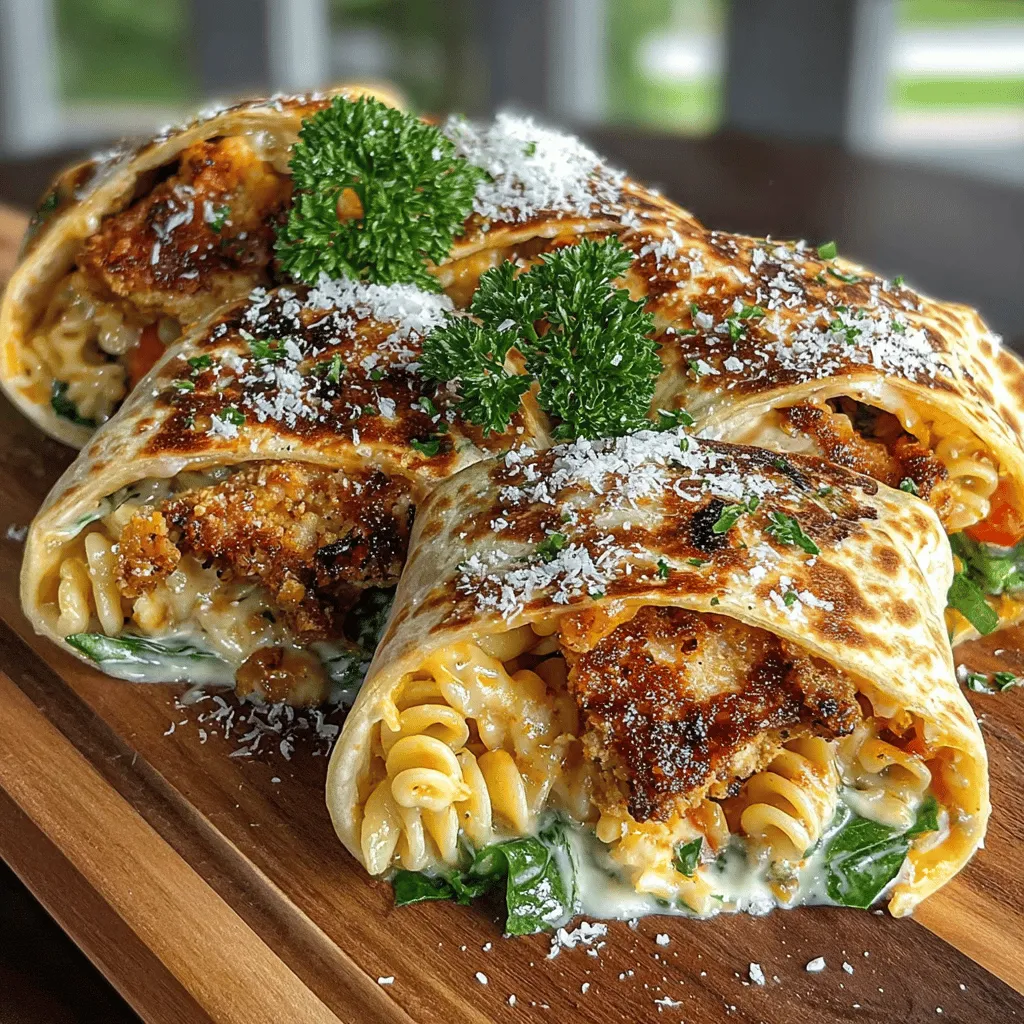 <strong>Introduction</strong>” /></p>
</p>
<h2>Importance of Evenly Coating the Pasta for Maximum Flavor</h2>
</p>
<p>When preparing your Crispy Chicken Caesar Pasta Wraps, one critical step is ensuring that each strand of pasta is evenly coated with the Caesar dressing. This not only enhances the overall flavor but also ensures that every bite of your wrap is as delicious as the last. Begin by adding your cooked pasta to a large mixing bowl. Pour in the Caesar dressing gradually, tossing the pasta gently with a spatula or your hands. Make sure that every piece is covered, as this will contribute to the creamy texture and tangy flavor profile that defines a classic Caesar salad.</p>
</p>
<p>To maximize flavor retention, consider letting the pasta sit for a few minutes after coating. This allows the dressing to penetrate the pasta strands, ensuring that each bite is filled with zesty goodness. Additionally, using a high-quality Caesar dressing will significantly elevate the taste of your wraps, making the effort well worth it.</p>
</p>
<h2>Assembling the Wraps</h2>
</p>
<h3>Step-by-Step Guide to Layering the Pasta Mixture and Crispy Chicken in Tortillas</h3>
</p>
<p>Once your pasta is perfectly coated and your crispy chicken is ready, it’s time to assemble your wraps. Start by laying a tortilla flat on a clean surface or a cutting board. Place a generous scoop of the Caesar pasta mixture in the center of the tortilla, leaving enough space around the edges for folding. Then, add a few pieces of the crispy chicken on top of the pasta. The combination of the creamy pasta and crunchy chicken is what makes these wraps irresistible.</p>
</p>
<h3>Tips for Rolling Wraps Tightly to Prevent Filling from Spilling Out</h3>
</p>
<p>To ensure your wraps are tightly rolled and the filling doesn’t spill out, follow these simple steps:</p>
</p>
<p>1. <strong>Fold the sides</strong>: Begin by folding in the sides of the tortilla over the filling. This will help contain everything inside as you roll.</p>
<p>2. <strong>Roll from the bottom</strong>: Starting from the bottom (the part closest to you), begin rolling the tortilla up and over the filling. Keep the roll tight but not so tight that it tears the tortilla.</p>
<p>3. <strong>Tuck and roll</strong>: As you roll, tuck the filling in gently, making sure it stays contained. Continue rolling until you reach the top of the tortilla.</p>
</p>
<p>If your tortillas are prone to tearing, consider warming them slightly in the microwave for 10-15 seconds. This will make them more pliable and easier to roll.</p>
</p>
<h3>Suggestions for Tortilla Types and Their Impact on Flavor and Presentation</h3>
</p>
<p>The type of tortilla you choose can significantly impact the flavor and presentation of your wraps. Here are some options to consider:</p>
</p>
<p>– <strong>Flour Tortillas</strong>: Soft and pliable, flour tortillas are the most common choice for wraps. They provide a neutral flavor that allows the filling to shine.</p>
<p>– <strong>Whole Wheat Tortillas</strong>: For a healthier twist, whole wheat tortillas add a nutty flavor and extra fiber.</p>
<p>– <strong>Spinach or Tomato Basil Tortillas</strong>: These colorful options not only enhance the visual appeal but also add a subtle flavor that complements the Caesar dressing beautifully.</p>
<p>– <strong>Corn Tortillas</strong>: If you prefer a gluten-free option, corn tortillas bring a unique texture and taste, though they may require careful handling to avoid cracking.</p>
</p>
<p>Experimenting with different tortilla types can make your Crispy Chicken Caesar Pasta Wraps visually appealing and add an unexpected flavor twist.</p>
</p>
<h2>Final Toast for Extra Crispiness</h2>
</p>
<h3>Explanation of the Optional Final Toasting Step and Its Benefits</h3>
</p>
<p>While your wraps are delicious as is, an optional final toasting step can take them to the next level. By toasting the assembled wraps in a skillet or on a griddle, you create a warm, crispy exterior that enhances the overall texture. This step adds a delightful crunch that contrasts beautifully with the creamy pasta and chicken filling, elevating the enjoyment of each bite.</p>
</p>
<h3>Tips for Achieving the Perfect Golden Brown Wrap Without Burning</h3>
</p>
<p>To achieve the perfect golden brown wrap, follow these tips:</p>
</p>
<p>1. <strong>Preheat the Skillet</strong>: Heat a non-stick skillet over medium heat. Allow it to reach the right temperature before adding the wraps.</p>
<p>2. <strong>Add a Small Amount of Oil</strong>: Lightly coat the skillet with a small amount of cooking oil or butter. This will help the wraps crisp up without sticking.</p>
<p>3. <strong>Toast in Batches</strong>: Depending on the size of your skillet, toast one or two wraps at a time to ensure they don’t overcrowd the pan. This allows for even toasting.</p>
<p>4. <strong>Monitor Closely</strong>: Keep an eye on the wraps as they toast. After about 2-3 minutes, use tongs to flip them over and toast the other side until golden brown.</p>
</p>
<p>By following these steps, you’ll achieve a perfectly toasted wrap that combines warm, crispy exteriors with a creamy filling.</p>
</p>
<h3>Discussion on the Texture Contrast Between the Warm, Crispy Outside and the Creamy Filling</h3>
</p>
<p>The contrast between the warm, crispy exterior and the creamy filling is one of the defining features of Crispy Chicken Caesar Pasta Wraps. The satisfying crunch of the toasted tortilla adds a layer of texture that complements the tender pasta and succulent chicken. This delightful interplay of textures not only makes each bite interesting but also enhances the overall eating experience. By toasting your wraps, you elevate them from a simple meal to a gourmet delight, perfect for special occasions or a cozy dinner at home.</p>
</p>
<h2>Serving Suggestions</h2>
</p>
<h3>Ideas for Side Dishes That Pair Well with Crispy Chicken Caesar Pasta Wraps</h3>
</p>
<p>To create a well-rounded meal, consider pairing your Crispy Chicken Caesar Pasta Wraps with complementary side dishes. Here are some ideas:</p>
</p>
<p>– <strong>Caesar Salad</strong>: Stick with the theme by serving a classic Caesar salad on the side. The freshness of the greens will balance the richness of the wraps.</p>
<p>– <strong>Vegetable Chips</strong>: For a crunchy side, opt for baked vegetable chips. They provide a healthy alternative to traditional potato chips and add color to your plate.</p>
<p>– <strong>Fruit Salad</strong>: A refreshing fruit salad can contrast the savory flavors of the wraps. Choose a mix of seasonal fruits for brightness and sweetness.</p>
<p>– <strong>Roasted Vegetables</strong>: Roasted seasonal vegetables seasoned with herbs make a nutritious and flavorful accompaniment.</p>
</p>
<h3>Presentation Tips for an Attractive Serving Platter</h3>
</p>
<p>When it comes to serving your wraps, presentation matters. Here are a few tips to make your platter stand out:</p>
</p>
<p>– <strong>Arrange Neatly</strong>: Place the wraps on a large serving platter, arranging them in a circular or fan shape for visual appeal.</p>
<p>– <strong>Garnish</strong>: Add fresh herbs, such as parsley or basil, around the edges of the platter for a pop of color.</p>
<p>– <strong>Serve with Dips</strong>: Include small bowls of dips or sauces on the platter. This not only enhances the visual aspect but also offers guests a choice to customize their flavors.</p>
</p>
<h3>Suggestions for Dips or Sauces That Enhance the Flavor Experience</h3>
</p>
<p>Enhance the flavor experience of your wraps by serving them with dips or sauces. Consider these options:</p>
</p>
<p>– <strong>Extra Caesar Dressing</strong>: A small bowl of Caesar dressing for dipping allows guests to enjoy additional creamy flavor.</p>
<p>– <strong>Ranch Dressing</strong>: A classic choice, ranch dressing pairs well with the savory components of the wraps.</p>
<p>– <strong>Spicy Aioli</strong>: For a kick, serve a spicy aioli made from mayonnaise, garlic, and hot sauce to complement the crispy chicken.</p>
<p>– <strong>Salsa or Pico de Gallo</strong>: Fresh salsa or pico de gallo can provide a zesty contrast to the richness of the wraps.</p>
</p>
<h2>Nutritional Information</h2>
</p>
<h3>Overview of the Nutritional Benefits of the Meal per Serving</h3>
</p>
<p>Crispy Chicken Caesar Pasta Wraps offer a balanced blend of nutrients, making them a satisfying meal option. Here’s a breakdown of the nutritional benefits per serving (based on typical ingredients):</p>
</p>
<p>– <strong>Protein</strong>: The crispy chicken provides a hearty protein source, essential for muscle repair and growth.</p>
<p>– <strong>Carbohydrates</strong>: The pasta serves as a source of complex carbohydrates, providing energy for your day.</p>
<p>– <strong>Vitamins and Minerals</strong>: The addition of romaine lettuce and any vegetables enhances the meal’s vitamin and mineral content, particularly vitamins A and C.</p>
</p>
<h3>Discussion on How This Recipe Fits into a Balanced Diet</h3>
</p>
<p>This recipe can fit well into a balanced diet when enjoyed in moderation. The combination of protein, carbohydrates, and healthy fats (from the dressing) makes it a wholesome meal. To keep it balanced, consider adjusting portion sizes based on your dietary needs and adding a side of vegetables or a fresh salad to increase fiber intake.</p>
</p>
<h3>Insights into Possible Substitutions for Dietary Restrictions (Gluten-Free, Vegetarian Options)</h3>
</p>
<p>For those with dietary restrictions, here are some substitutions to consider:</p>
</p>
<p>– <strong>Gluten-Free</strong>: Use gluten-free pasta and tortillas to make this dish suitable for gluten-sensitive individuals.</p>
<p>– <strong>Vegetarian Option</strong>: Replace the crispy chicken with grilled tofu or chickpeas for a protein-rich vegetarian alternative. You could also use a plant-based Caesar dressing for a vegan version.</p>
<p>– <strong>Low-Carb</strong>: Substitute traditional pasta with zucchini noodles or spaghetti squash for a low-carb version that maintains the delicious flavors of the dish.</p>
</p>
<h2>Conclusion</h2>
</p>
<p>Crispy Chicken Caesar Pasta Wraps are not only a delicious and easy-to-make recipe but also a creative twist on a classic dish. The combination of crispy chicken, creamy pasta, and fresh ingredients wrapped in a warm tortilla makes for a satisfying meal that everyone will love. Whether you’re serving them for a casual family dinner or a fun gathering with friends, this recipe is sure to impress.</p>
</p>
<p>We encourage you to try this delightful fusion of flavors and textures. Share this recipe with others who might enjoy a fresh take on traditional Caesar salads and wraps. Enjoy the process of making and savoring these Crispy Chicken Caesar Pasta Wraps, and watch as they become a favorite in your household!</p>
</div>