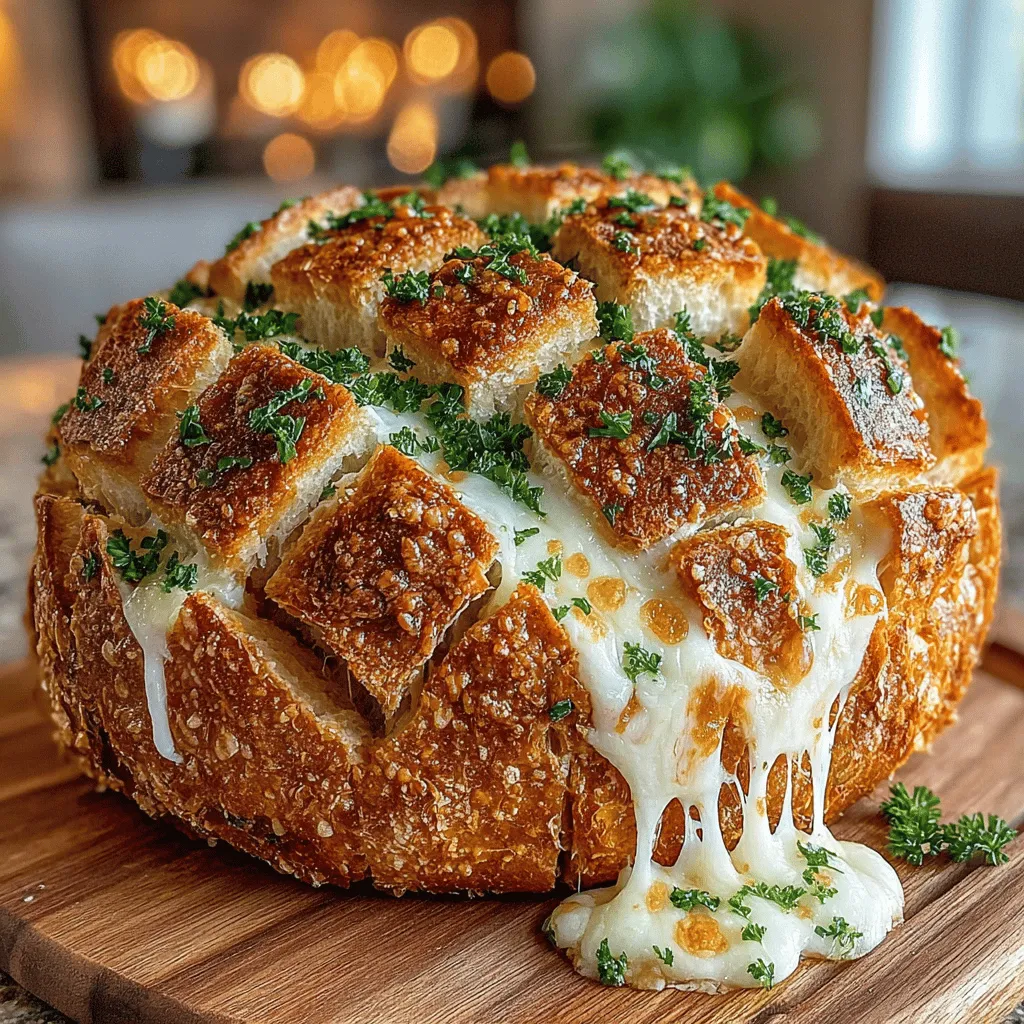 To present your Cheesy Garlic Pull-Apart Bread for maximum impact, consider the following serving suggestions. First, place the bread on a rustic wooden board or a stylish serving platter to showcase its golden-brown crust. You can garnish the top with a sprinkle of freshly chopped parsley or a light drizzle of olive oil for added visual appeal. Serve it warm, and don’t forget to provide toothpicks or small skewers for easy pulling and dipping.