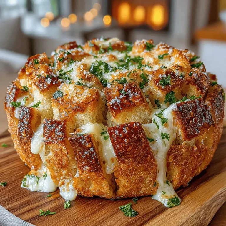 To present your Cheesy Garlic Pull-Apart Bread for maximum impact, consider the following serving suggestions. First, place the bread on a rustic wooden board or a stylish serving platter to showcase its golden-brown crust. You can garnish the top with a sprinkle of freshly chopped parsley or a light drizzle of olive oil for added visual appeal. Serve it warm, and don’t forget to provide toothpicks or small skewers for easy pulling and dipping.
