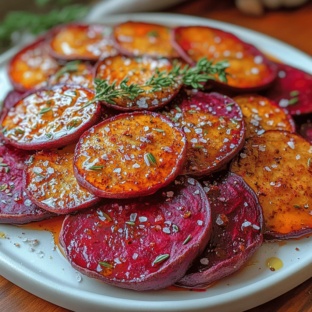 - <strong>Choose Fresh Beets</strong>: The fresher the beets, the better the flavor and texture. Look for firm, smooth beets without any soft spots. Fresh beets will yield better chips that are crunchy and flavorful.” /></p>
</p>
<p><strong>Preheat the Oven</strong></p>
<p>Start by preheating your oven to 350°F (175°C). This temperature allows the beets to roast slowly and evenly, ensuring a perfect crisp. A well-preheated oven is essential to achieve that delightful crunch that makes beet chips irresistible.</p>
</p>
<p><strong>Slice the Beets</strong></p>
<p>Using a mandoline or a sharp knife, thinly slice the beets into even rounds, about 1/8 inch thick. Uniform slices are key to achieving that delightful crunch, so take your time with this step. If you are using a mandoline, remember to use the safety guard to protect your fingers. The thinner the slices, the crispier your chips will be, so aim for consistency to ensure even cooking.</p>
</p>
<p><strong>Season the Beets</strong></p>
<p>In a large bowl, toss the sliced beets with olive oil, sea salt, garlic powder, smoked paprika, and black pepper. Make sure each slice is well-coated with the seasoning mixture; this is where the flavor magic happens! The olive oil not only helps in crisping the beets but also enhances their natural sweetness, while the seasonings add depth and warmth to each bite.</p>
</p>
<p><strong>Arrange on Baking Sheet</strong></p>
<p>Spread the seasoned beet slices in a single layer on a parchment-lined baking sheet. Avoid overcrowding—this ensures that the heat circulates around each slice, promoting crispiness. If necessary, use two baking sheets to give the beet slices enough space to roast perfectly.</p>
</p>
<p><strong>Roast Slowly</strong></p>
<p>Place the baking sheet in the oven and bake for about 25-30 minutes. Flip the beet slices halfway through cooking to ensure even browning. Keep an eye on them; they can go from perfect to burnt quickly, so check for deep color and crispness. The edges should be slightly darker, and the center should be crunchy; this is the sweet spot for achieving the perfect beet chip.</p>
</p>
<p><strong>Cool and Crisp</strong></p>
<p>Once they’re done, remove the beet chips from the oven and let them cool for a few minutes on the baking sheet. They will continue to crisp up as they cool, making them even more delightful to munch on. It’s tempting to dive in right away, but allowing them to cool enhances their texture.</p>
</p>
<p><strong>Serve and Enjoy</strong></p>
<p>For an extra burst of flavor, consider garnishing with fresh herbs like parsley or dill. Serve these chips as a snack on their own or use them as a creative topping for salads or soups. The vibrant color and unique flavor will surely impress anyone at your table! Pairing them with a tangy dipping sauce, such as yogurt or a zesty vinaigrette, can elevate the tasting experience even further.</p>
</p>
<h2>Tips & Tricks for Perfect Beet Chips</h2>
</p>
<p>– <strong>Choose Fresh Beets</strong>: The fresher the beets, the better the flavor and texture. Look for firm, smooth beets without any soft spots. Fresh beets will yield better chips that are crunchy and flavorful.</p>
</p>
<p>– <strong>Slice Evenly</strong>: Consistency is key when it comes to slicing the beets. Using a mandoline can help achieve even thickness, ensuring they cook uniformly. If you don’t have a mandoline, a sharp knife will work as long as you take your time to ensure even slices.</p>
</p>
<p>– <strong>Don’t Skip the Parchment Paper</strong>: Lining your baking sheet with parchment paper makes cleanup a breeze and prevents the chips from sticking. This little step can save you a lot of time and frustration later!</p>
</p>
<p>– <strong>Experiment with Seasonings</strong>: Feel free to customize the seasoning to your taste! Try adding cayenne for heat, or experiment with different herbs and spices. You could also try nutritional yeast for a cheesy flavor, or lemon zest for a refreshing twist.</p>
</p>
<p>– <strong>Storage</strong>: If you have any leftover chips (though I doubt it!), store them in an airtight container at room temperature. They’re best enjoyed fresh but can last for a few days. If you notice them losing their crispiness, you can re-crisp them in the oven for a few minutes.</p>
</p>
<h2>Variations to Try</h2>
</p>
<p>While the classic recipe is absolutely delightful, there are plenty of ways to mix things up:</p>
</p>
<p>– <strong>Sweet and Spicy</strong>: Add a sprinkle of cinnamon and a touch of cayenne pepper to your seasoning mix for a sweet and spicy twist on your beet chips. The cinnamon complements the natural sweetness of the beets, while the cayenne adds a kick.</p>
</p>
<p>– <strong>Herbed Delight</strong>: Toss the beet slices with fresh or dried herbs such as thyme, rosemary, or oregano before roasting. These herbs will infuse the chips with aromatic flavors that bring out the earthy notes of the beets.</p>
</p>
<p>– <strong>Cheesy Flavor</strong>: For a cheesy flavor without the dairy, sprinkle nutritional yeast over the beet slices before roasting. This will give your beet chips a savory, cheesy taste that is completely plant-based.</p>
</p>
<p>– <strong>Balsamic Glaze Drizzle</strong>: After roasting, drizzle your beet chips with a balsamic reduction for a tangy sweetness that beautifully contrasts with the earthiness of the beets. This simple addition can elevate your beet chips to gourmet status.</p>
</p>
<h2>Serving Suggestions</h2>
</p>
<p>Beet chips are incredibly versatile and can be incorporated into various dishes or enjoyed on their own. Here are some serving suggestions to inspire your culinary creativity:</p>
</p>
<p>– <strong>As a Snack</strong>: Enjoy beet chips straight out of the oven for a healthy snack. They are an excellent alternative to store-bought chips, offering more nutrients and flavor.</p>
</p>
<p>– <strong>On Salads</strong>: Add a handful of beet chips to your favorite salad for a delightful crunch. They pair beautifully with greens, goat cheese, and a light vinaigrette, adding both texture and visual appeal.</p>
</p>
<p>– <strong>Soups and Stews</strong>: Use beet chips as a garnish for soups, especially creamy or pureed varieties. They add a pop of color and a crunchy contrast that makes any bowl of soup feel more gourmet.</p>
</p>
<p>– <strong>Charcuterie Boards</strong>: Include beet chips on your charcuterie board alongside cheeses, fruits, and nuts. Their vibrant color will catch the eye and provide an unexpected twist to traditional cheese pairings.</p>
</p>
<h2>Nutritional Benefits of Beet Chips</h2>
</p>
<p>Beyond their delicious taste, beet chips come with a host of nutritional benefits that make them a worthwhile addition to your diet:</p>
</p>
<p>– <strong>Rich in Nutrients</strong>: Beets are a good source of vitamins and minerals, including vitamin C, potassium, and folate. They are also high in antioxidants, which can help combat oxidative stress in the body.</p>
</p>
<p>– <strong>Low in Calories</strong>: When prepared with minimal oil and seasoning, beet chips are a low-calorie snack option. This makes them a guilt-free alternative to fried snacks.</p>
</p>
<p>– <strong>High in Fiber</strong>: Beets are high in dietary fiber, which aids in digestion and helps maintain a healthy gut. Snacking on beet chips can contribute to your daily fiber intake.</p>
</p>
<h2>Conclusion</h2>
</p>
<p>Beet chips are the perfect combination of health and indulgence, offering a crunchy, flavorful snack that will impress even the most discerning palates. With their vibrant color and unique taste, these chips are not only a treat for your taste buds but also a nutritious addition to your diet. Whether enjoyed as a standalone snack, a topping for salads, or a flavorful garnish for soups, beet chips are versatile and easy to make at home.</p>
</p>
<p>By following the steps outlined in this recipe and incorporating the tips and variations suggested, you’ll be able to create a batch of beet chips that are sure to please. So roll up your sleeves, grab some fresh beets, and start roasting your way to a delightful crunchy treat that everyone will love!</p>
</div>
