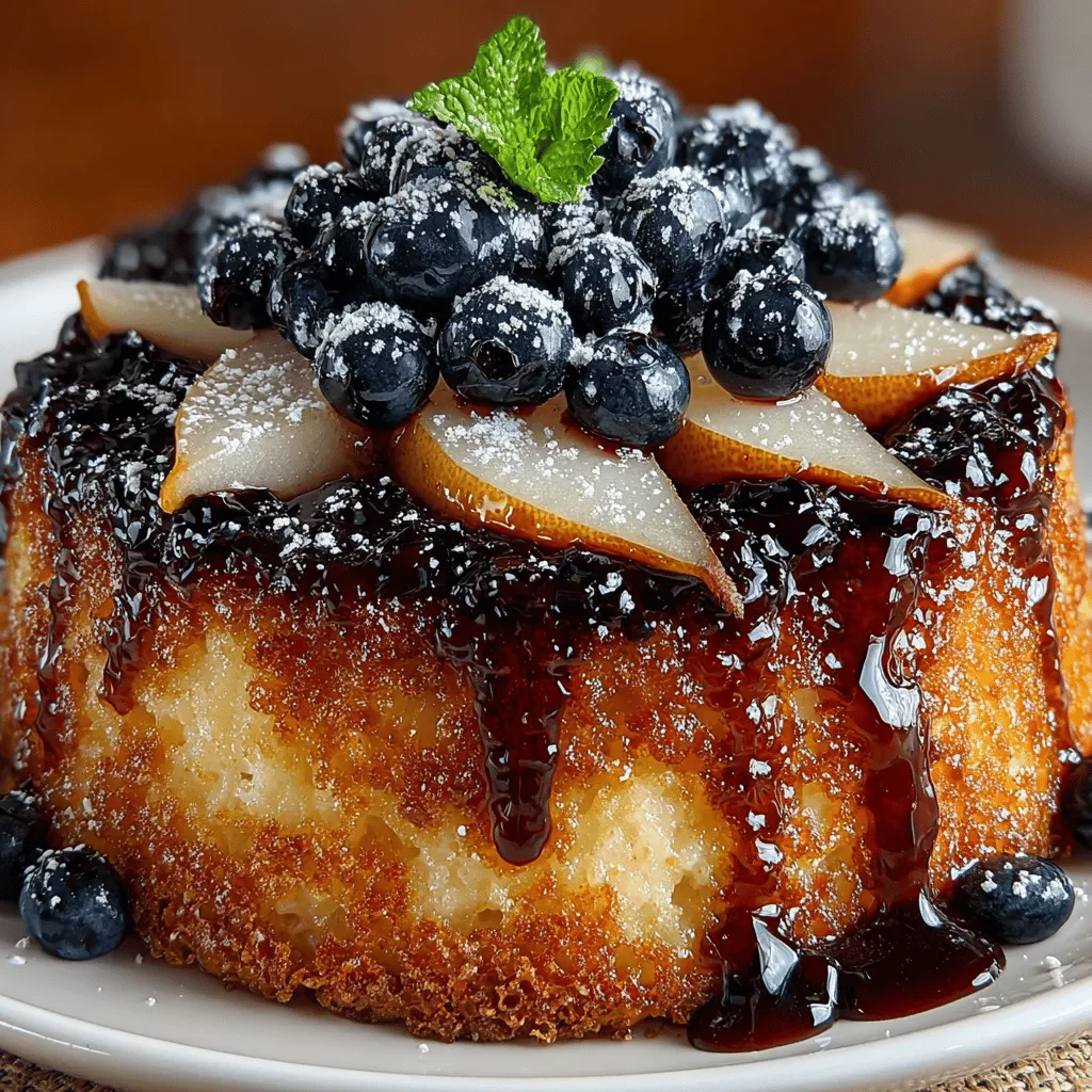 <strong>Introduction</strong>” /></p>
</p>
<h2>Step-by-Step Instructions</h2>
</p>
<h3>Preparing the Topping</h3>
</p>
<p>To create a stunning Pear & Blueberry Upside-Down Cake, the first step is preparing the luscious topping that will serve as the cake’s base. The combination of sweet, caramelized pears and juicy blueberries not only adds flavor but also makes for an appealing presentation.</p>
</p>
<p>1. <strong>Melt the Butter</strong>: Begin by preheating your oven to 350°F (175°C). In a medium saucepan, melt 4 tablespoons of unsalted butter over low heat. Keep an eye on it to ensure it doesn’t brown too much; you’re looking for it to simply melt and become bubbly.</p>
</p>
<p>2. <strong>Mix with Brown Sugar</strong>: Once the butter is melted, remove the saucepan from the heat and stir in 1 cup of packed light brown sugar. Mix until fully combined. The mixture should be thick and syrupy. This step is crucial as the brown sugar will create a deep caramel flavor that enhances the fruit’s sweetness.</p>
</p>
<p>3. <strong>Arranging the Fruit</strong>: Now for the fun part—arranging the fruit! Start by slicing 2 ripe pears into thin wedges. You can peel them if you prefer, but leaving the skin on adds a nice texture. Pour the butter and brown sugar mixture into the bottom of a greased 9-inch round cake pan, spreading it evenly. Next, carefully arrange the pear slices in a circular pattern over the sugar mixture. Sprinkle 1 cup of fresh blueberries evenly over the pears, ensuring an even distribution for optimal flavor in every bite.</p>
</p>
<h3>Making the Cake Batter</h3>
</p>
<p>With the topping prepared, now it’s time to make the cake batter, which is light, fluffy, and complements the fruit beautifully.</p>
</p>
<p>1. <strong>Creaming Butter and Sugar</strong>: In a large mixing bowl, cream together 1/2 cup (1 stick) of softened unsalted butter and 1 cup of granulated sugar. Using an electric mixer on medium speed, beat the mixture until it becomes pale and fluffy—this should take about 3-5 minutes. Proper creaming is essential as it incorporates air into the batter, giving the cake its light texture.</p>
</p>
<p>2. <strong>Incorporating Eggs</strong>: Next, add in 2 large eggs, one at a time, ensuring each egg is fully incorporated before adding the next. Don’t forget to scrape down the sides of the bowl with a spatula to ensure everything is well-mixed. After adding the eggs, mix in 1 teaspoon of pure vanilla extract for added flavor.</p>
</p>
<p>3. <strong>Adding Dry Ingredients</strong>: In a separate bowl, whisk together 1 and 1/2 cups of all-purpose flour, 1 and 1/2 teaspoons of baking powder, and a pinch of salt. Gradually add this dry mixture to the wet ingredients, alternating with 1/2 cup of milk. Begin and end with the flour mixture (flour, milk, flour). Mix until just combined; be careful not to overmix as this can lead to a dense cake. A few lumps are perfectly fine.</p>
</p>
<h3>Assembling and Baking</h3>
</p>
<p>Now that your batter is ready, it’s time to put everything together and get it into the oven.</p>
</p>
<p>1. <strong>Pouring the Batter</strong>: Gently pour the cake batter over the arranged pears and blueberries in the cake pan. Use a spatula to spread it evenly, ensuring that the batter covers all the fruit. This step is vital for an even bake and ensures that every slice will have a beautiful layer of fruit.</p>
</p>
<p>2. <strong>Baking the Cake</strong>: Place the cake pan in the preheated oven and bake for 40-45 minutes. Keep an eye on the cake during the last few minutes of baking. You’ll know it’s done when the top is a lovely golden brown and a toothpick inserted into the center comes out clean. Oven temperatures can vary, so check for doneness a few minutes early if you’re unsure.</p>
</p>
<h2>Cooling and Serving Suggestions</h2>
</p>
<p>Once your cake has baked to perfection, it’s important to let it cool before inverting, as this will ensure the best possible presentation and flavor.</p>
</p>
<p>1. <strong>Cooling the Cake</strong>: After removing the cake from the oven, allow it to cool in the pan for about 10-15 minutes. This cooling period helps the caramel set slightly, making it easier to invert without losing any of the delicious fruit topping.</p>
</p>
<p>2. <strong>Inverting the Cake</strong>: To invert the cake, place a large plate over the top of the pan. Carefully flip the pan upside down, letting the cake drop onto the plate. If any fruit sticks to the bottom of the pan, simply replace it on the cake.</p>
</p>
<h3>Serving Suggestions</h3>
</p>
<p>This Pear & Blueberry Upside-Down Cake is delightful both warm and at room temperature, making it a versatile dessert option for any occasion.</p>
</p>
<p>– <strong>Warm vs. Room Temperature</strong>: Serving the cake warm enhances the caramel flavor and makes it even more indulgent. However, if you prefer something more traditional, letting it cool to room temperature allows the flavors to meld beautifully.</p>
</p>
<p>– <strong>Optional Toppings</strong>: For an extra touch of decadence, consider adding a dollop of freshly whipped cream, a scoop of vanilla ice cream, or a drizzle of caramel sauce on top. These additions elevate the dessert, making it even more irresistible.</p>
</p>
<h2>Conclusion</h2>
</p>
<p>The Pear & Blueberry Upside-Down Cake is not just a treat for the taste buds but a feast for the eyes, perfect for any gathering or a cozy dessert at home. With its rich, buttery topping and moist, fluffy cake, this recipe encapsulates the joy of baking and sharing delicious homemade treats with loved ones.</p>
</p>
<p>Don’t hesitate to experiment with different fruit combinations—try peaches, apricots, or even cherries to create your signature version of this classic dessert. The beauty of this cake lies in its versatility, allowing for personal twists that reflect your taste preferences.</p>
</p>
<p>Baking is not just about the end result; it’s about the experience and the memories created along the way. We invite you to make this Pear & Blueberry Upside-Down Cake a staple in your culinary repertoire, bringing warmth and joy to every occasion. Happy baking!</p>
</div>